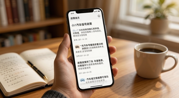 小汽车摇号政策资讯页面展示，手机屏幕显示政策解读文章列表，画面主体为手持手机的特写，屏幕内清晰可见政策标题和发布日期，背景为温馨的书房环境，桌面有笔记本和咖啡杯，整体氛围适合阅读场景，适配Boogu模型生成