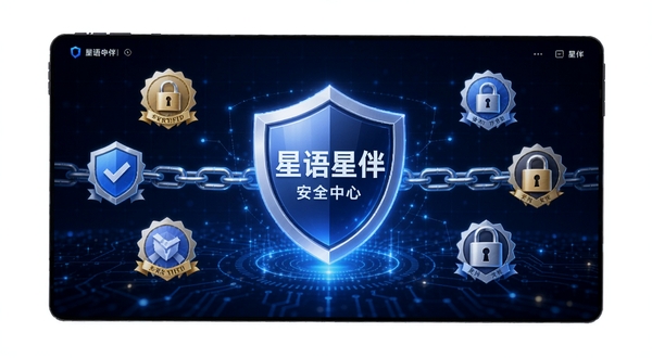 星语星伴 安全中心界面 盾牌图标位于屏幕中央 周围环绕着认证徽章和加密锁链 背景为深蓝色科技感网格 突出安全防护概念