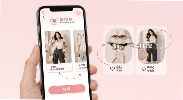遇小测AI搭配师搭配卡片分享界面，手机屏幕展示精美搭配卡片与分享按钮，背景为浅粉色渐变，突出社交分享与收藏功能