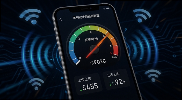 车仔助手网络测速界面,手机屏幕显示网速仪表盘,指针指向高速区域,下方有上传下载数值,背景为深色科技风格,周围有信号波纹和Wi-Fi图标,画面动感十足,体现网络检测的专业性