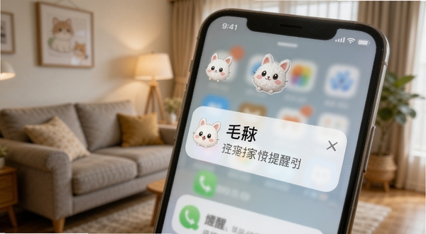 毛球在家 消息提醒弹窗示意 手机屏幕上方显示毛球宠物头像与提醒文字 背景为居家场景虚化处理 强调通知功能的便捷性