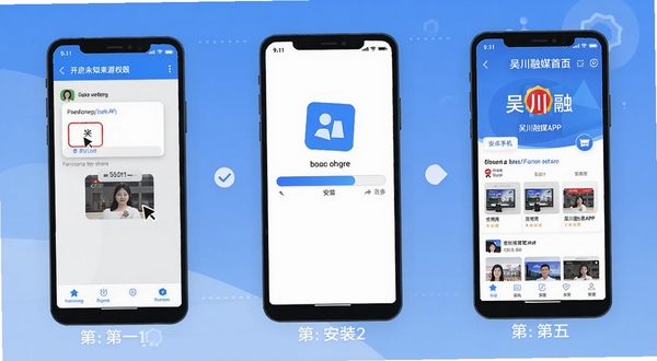 吴川融媒APP在安卓手机上的安装与使用教程示意图,画面分为三个步骤展示,第一步手机设置界面开启未知来源权限,第二步应用安装进度条,第三步吴川融媒首页正常显示,整体风格为扁平化信息图,配色以蓝色和白色为主