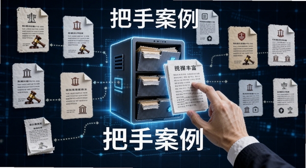 生成一张AI图片，主题为“把手案例”海量数据库概念图，画面中央是一个发光的数字档案库，周围漂浮着各类法律文书图标，一只手从手机屏幕中伸出抓取案例文件，背景为深色科技网格，突出数据丰富与检索便捷，包含“把手案例”字样