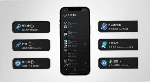 普乐斯最新版本更新内容展示图，画面为手机屏幕显示更新日志列表，背景为淡灰色渐变，突出版本优化细节