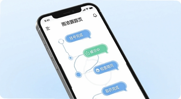 雨浓陪诊APP订单跟踪页面,画面主体为手机屏幕显示陪诊服务进度节点,背景区域为淡蓝色渐变,界面元素包含挂号完成、候诊中、检查陪同、取药完成等状态标签,风格清新简洁