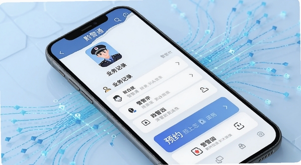 黔警通个人警务档案界面概念图，手机屏幕显示用户头像、业务记录列表和预约卡片，背景为淡蓝色数据流线条，风格简洁、现代、注重隐私保护