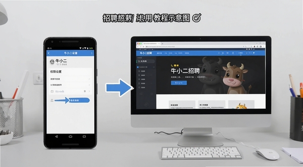 牛小二招聘使用教程示意图，画面展示一部安卓手机和一台电脑模拟器并排摆放，手机屏幕显示权限设置页面，电脑屏幕显示牛小二招聘网页版界面，中间有箭头指示操作流程，背景为浅灰色工作台面，画面风格简洁明快，适配Boogu模型生成