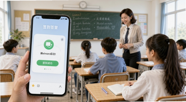 前排同学课堂签到界面，手机屏幕显示签到成功动画，背景为教室课桌与黑板，画面中教师与学生互动自然，突出前排同学签到功能，风格明快现代