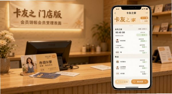 卡友之家门店版会员管理界面，手机屏幕显示会员列表与积分变动记录，背景为店铺前台与会员卡，色调温馨，突出会员营销功能，适配Boogu模型生成