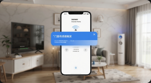 SNDWAY Smart Home消息提醒界面展示,手机屏幕弹出通知卡片显示“门窗传感器触发”提示,背景为居家安全场景,简洁明了的UI设计,蓝色强调色,高清渲染