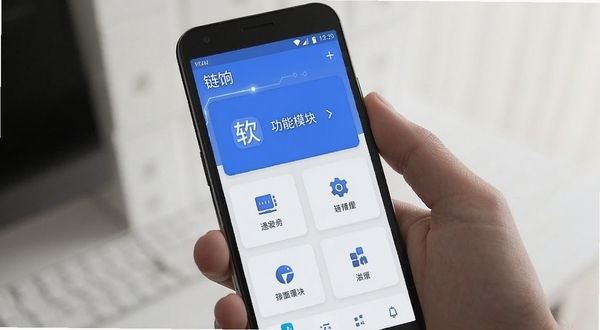 链饷 软件主界面 功能模块分布 手机应用 简约设计 蓝白配色 安卓手机屏幕 手持设备 科技感 扁平化图标 清爽布局