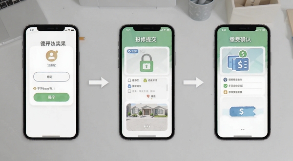 德宁家园使用教程示意图，画面展示手机屏幕分步操作流程，包含注册绑定、报修提交、缴费确认三个场景，背景为浅灰色桌面，图标清晰，风格扁平化，适配Boogu模型生成