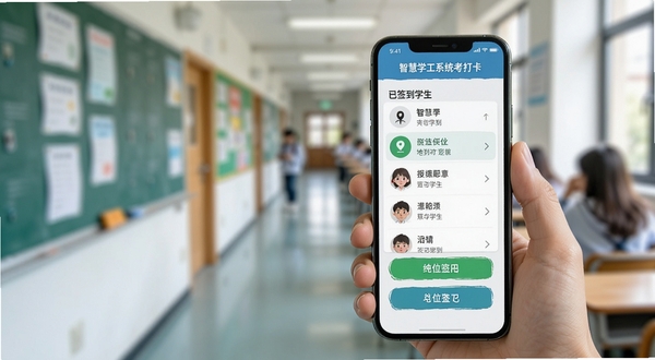 智慧学工系统考勤打卡界面,手机屏幕特写,显示定位签到按钮和已签到学生列表,背景为教室走廊虚化场景,画面明亮清晰,突出移动端操作便捷性