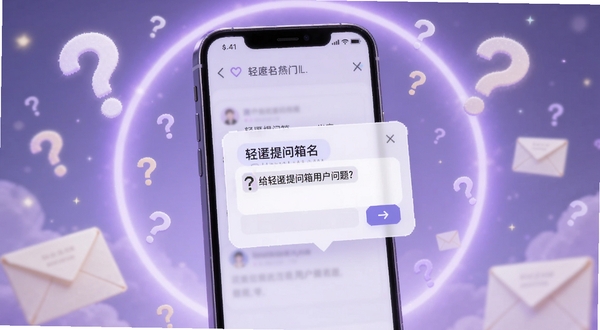 轻匿提问箱匿名提问界面，画面展示一部手机屏幕中弹出匿名提问输入框，框内写着给轻匿提问箱用户的问题，背景为淡紫色光晕，周围漂浮着问号图标与信封元素，突出匿名与隐私保护氛围