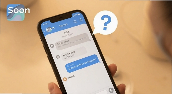 Soon软件用户问答场景图，手机屏幕显示问答界面和聊天窗口，背景为柔和暖色调，画面中有Soon标识和问号气泡元素，风格亲切自然