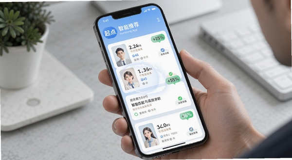 起点人力APP智能推荐页面,手机屏幕显示个性化职位卡片列表,每张卡片带有匹配度百分比标签,背景为淡蓝色渐变,突出智能匹配与高效求职氛围,画面清晰现代