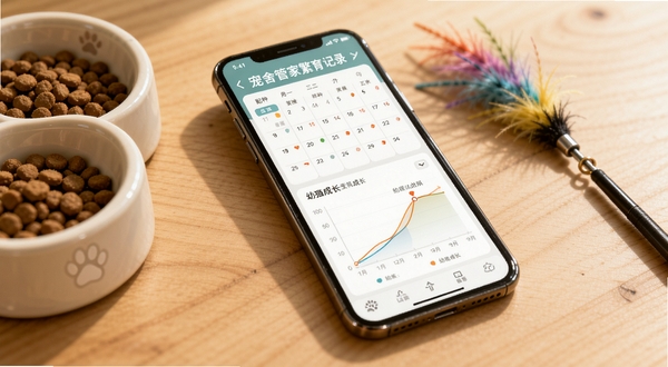 宠舍管家繁育记录界面示意图，画面中一部手机放置在木质桌面上，屏幕显示配种日历与幼猫成长曲线图表，旁边有猫粮碗与逗猫棒点缀，光线柔和温暖，体现专业繁育管理场景