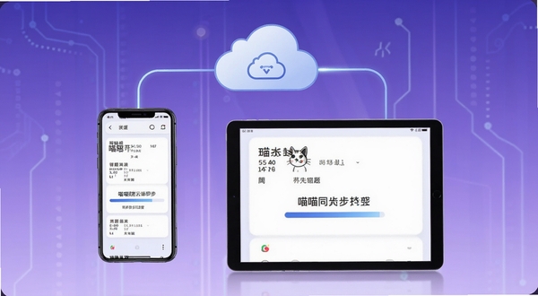 喵喵错题云端同步功能示意图，画面中央为手机与平板电脑通过云朵图标连接，屏幕内显示错题数据同步进度条，背景为淡紫色科技感渐变，风格简约现代