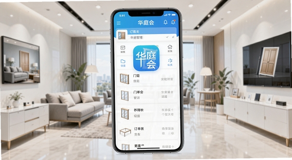华庭会软件主界面展示，画面中央是手机屏幕显示门窗订单管理列表，背景为明亮的现代家居展厅环境，整体色调清新专业，突出华庭会应用图标与门窗元素结合