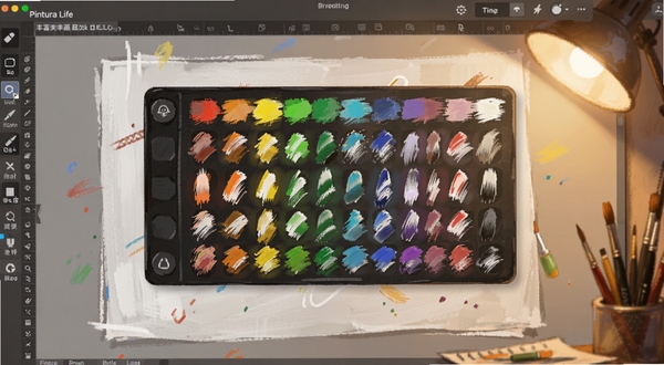 Pintura Life绘画软件中丰富笔刷工具展示界面,画面中央是彩色笔刷调色板,背景为简洁画布工作区,暖色调灯光,细节清晰