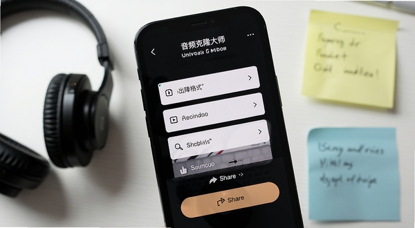 声音克隆大师音频导出与分享界面,手机屏幕显示导出格式选项与分享按钮,背景为办公桌面,旁边有耳机和便签纸,突出实用性与便捷性