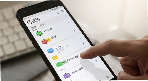 链饷 任务管理界面 手机屏幕 待办列表 彩色标签 简洁卡片 安卓应用 用户手指点击 交互场景