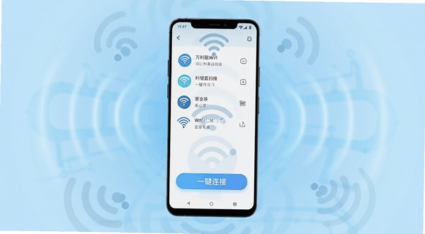 万能WiFi一键直连软件主界面全貌展示,画面主体为一部竖屏安卓手机,手机屏幕中央呈现WiFi信号扫描列表与一键连接大按钮,背景区域为浅蓝色渐变科技感光晕,四周散落细微的网络信号波纹元素,整体风格清爽简约,适配Boogu模型生成