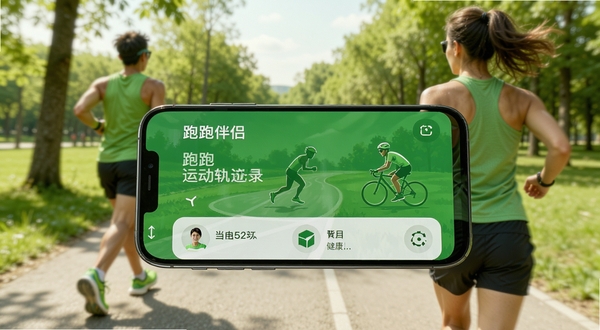 跑跑 运动轨迹记录 跑步骑行伴侣 手机屏幕展示 户外场景 绿色健康风格
