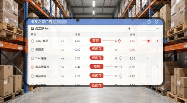 卡友之家门店版库存管理页面，手机屏幕显示商品库存列表与低库存红色预警标识，背景为仓库货架，画面干净整洁，突出库存预警功能，适配Boogu模型生成