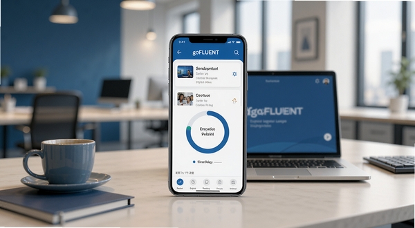 goFLUENT企业语言培训应用界面全景展示，画面中央是一部智能手机屏幕亮起显示课程列表与学习进度环形图，背景为现代化办公室环境，桌面上有笔记本电脑和咖啡杯，色调为商务蓝与暖白交织，整体风格简洁专业，适配Boogu模型生成