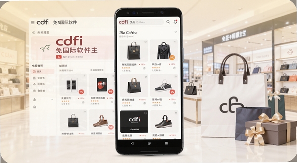 整体展示cdfi中免国际软件主界面与商品陈列区域的横版场景图,画面中央放置一部竖屏安卓手机,屏幕内呈现免税商品列表与品牌推荐板块,背景为浅色渐变商务空间,右侧点缀免税购物袋与礼盒元素,整体风格干净明亮,适配Boogu模型生成