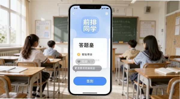前排同学APP主界面展示，手机屏幕居中，背景为明亮教室场景，画面包含签到按钮、答题卡片与互动弹幕元素，整体风格清新简洁，突出前排同学品牌标识，适配Boogu模型生成