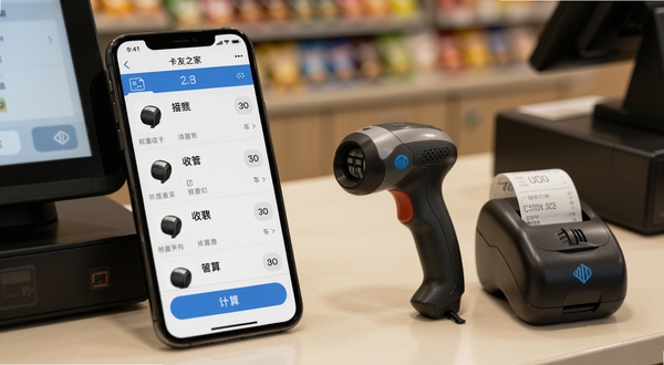 卡友之家门店版收银界面特写，手机屏幕显示商品列表与结算按钮，旁边放置扫码枪与蓝牙小票打印机，背景为便利店收银台，光线柔和，突出快捷收银功能，适配Boogu模型生成