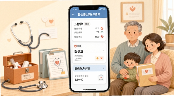智桂通社保医保查询界面展示，手机屏幕内显示五险缴纳明细与医保账户余额，界面以卡片式布局呈现，背景为温馨的家庭健康场景插画，包含听诊器、药箱、健康档案等元素，色调柔和，突出便民惠民的服务温度