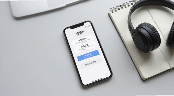 cdfi中免国际移动端操作引导场景图,手机屏幕展示注册登录与权限设置界面,背景为简洁浅灰桌面,旁边摆放耳机与记事本,整体风格清爽实用
