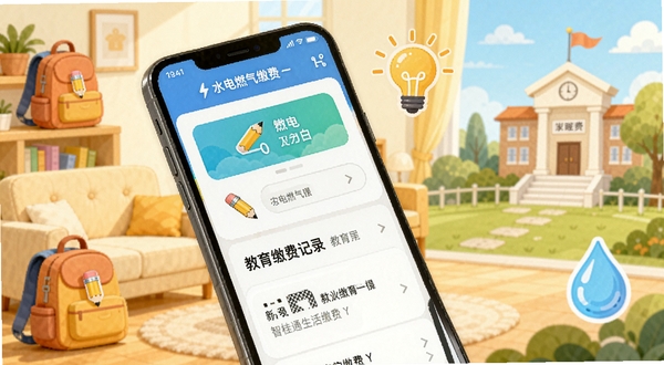 智桂通生活缴费与教育服务功能界面，手机屏幕中显示水电燃气缴费入口与教育缴费记录，背景为明亮温馨的家居场景与校园元素结合的插画，包含书包、铅笔、灯泡、水滴等图标，色彩明快，体现便捷生活与教育关怀