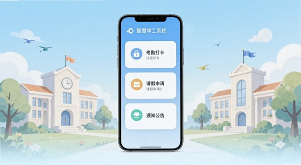智慧学工系统主界面展示,手机屏幕居中放置,背景为浅蓝色渐变校园插画风格,屏幕内显示考勤打卡、请假申请、通知公告等功能图标,整体色调清新明亮,画面简洁现代,适合软件下载站配图使用