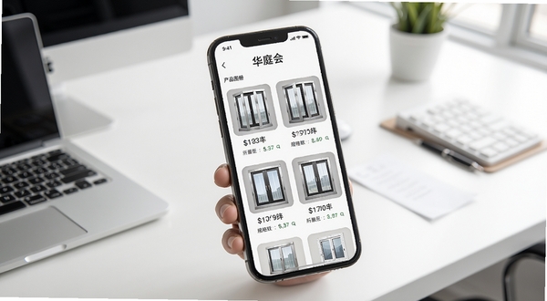 华庭会产品图册功能界面，手机屏幕中展示多款断桥铝门窗产品缩略图，每款产品下方标注价格与规格，背景为简洁的白色办公桌面，光线柔和，突出华庭会应用的操作便捷性