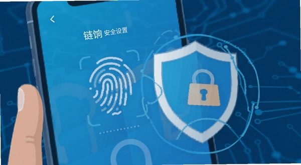 链饷 安全设置界面 指纹识别图标 盾牌元素 手机安全 数据加密 科技蓝色调 扁平插画