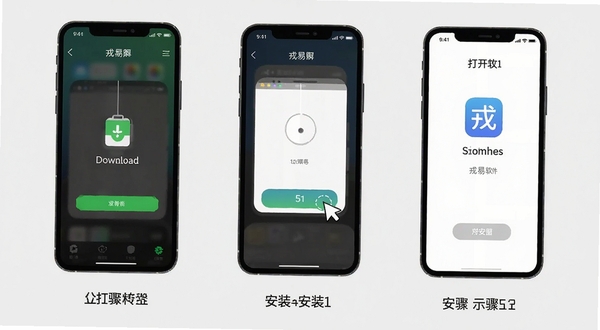 戎易软件在手机上的安装步骤示意图，画面展示手机屏幕从下载完成到点击安装再到打开应用的三个连续画面，背景为浅灰色，风格简洁明快，适合教程配图