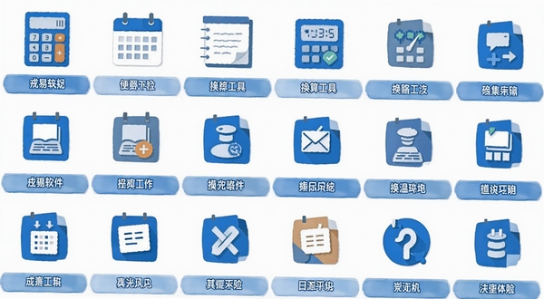 戎易软件功能图标集合展示图，画面以网格形式排列多个扁平化图标，包括计算器、日历、便签、换算工具等，每个图标下方有中文标签，整体色调为蓝白搭配，背景干净简洁，突出工具集合的丰富性