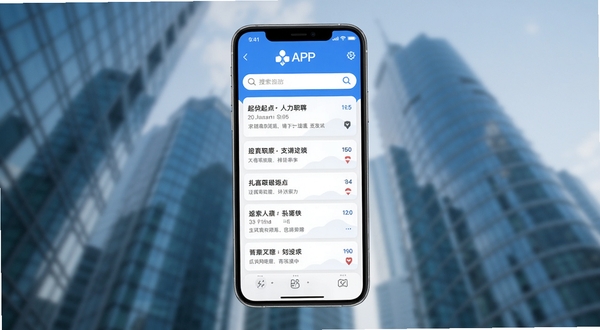 起点人力APP主界面展示,手机屏幕中央显示职位列表与搜索栏,背景为现代城市写字楼虚化场景,整体色调蓝白清爽,突出求职招聘主题,画面简洁明快