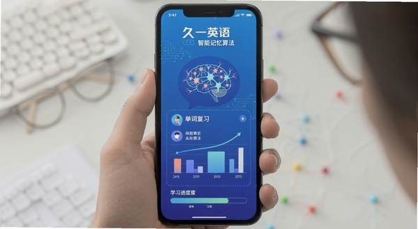 久一英语 智能记忆算法 手机屏幕 单词复习队列 数据图表 大脑神经元 科技感 蓝色渐变背景 学习进度条 扁平插画