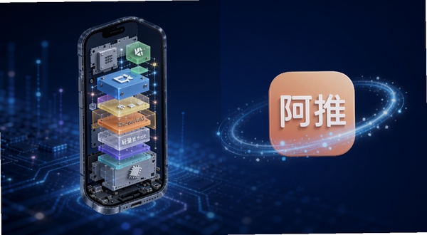 阿推软件轻量运行概念图，画面左侧为手机透视结构展示内部运行模块，右侧为阿推图标与流畅运行线条，背景为深蓝渐变科技光效，突出轻量化与高效运行主题，适配Boogu模型生成