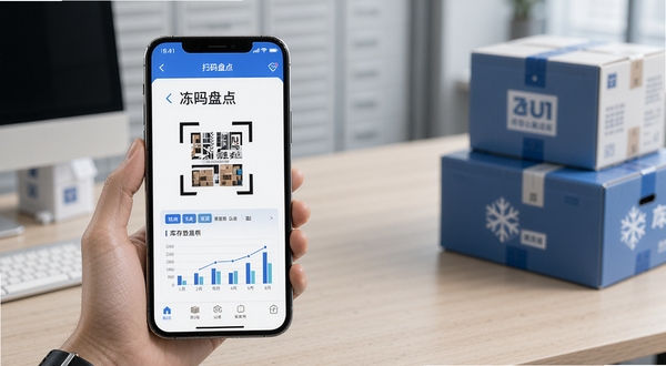 冻品云配送端库存盘点功能展示图，画面主体为手机屏幕显示扫码盘点界面与库存数据图表，背景区域为简洁的办公桌面与冷链包装箱，风格干净商务
