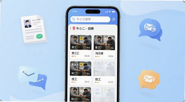 牛小二招聘应用主界面展示图，画面中央是一部智能手机，屏幕显示牛小二招聘APP的岗位推荐列表，界面干净整洁，顶部有搜索栏和城市定位，下方卡片式展示附近普工、技工等职位，背景为柔和的蓝色渐变，周围点缀着简历、对话气泡等招聘元素图标，整体风格现代清新，适配Boogu模型生成