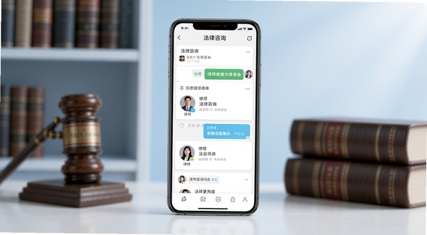 律师馆法律咨询软件主界面全景展示,画面中央为手机屏幕内呈现法律咨询问答列表与律师头像卡片,背景为淡蓝色渐变书房场景,书架与法典虚化处理,光线柔和,整体风格专业简洁,适配Boogu模型生成,分辨率1080x1920
