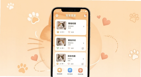宠舍管家APP主界面展示图，画面中央为手机屏幕，屏幕内呈现猫咪档案卡片式列表与功能图标，背景为温馨的浅橙色渐变，周围点缀简约的猫爪与爱心元素，整体风格清爽现代，适配Boogu模型生成