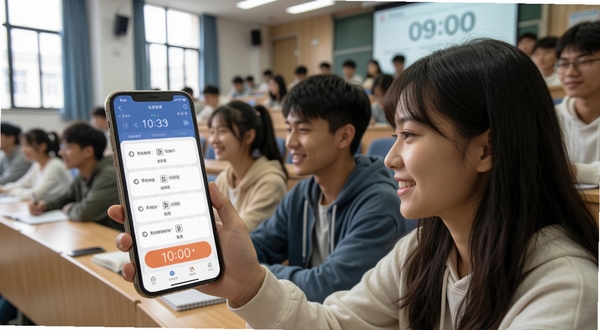 前排同学互动答题场景，手机屏幕展示选择题与倒计时，背景为大学阶梯教室，前排同学APP界面清晰可见，画面充满学习氛围，适配Boogu模型生成