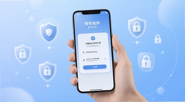 情有独钟应用的新手引导界面,画面中一只手拿着智能手机,屏幕上显示简洁的权限设置向导,背景是柔和的渐变蓝色,周围有盾牌和锁的图标象征安全,整体风格清新专业,适合作为教程配图